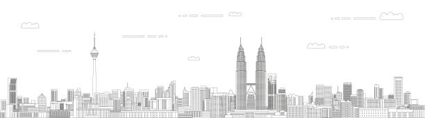 illustrations, cliparts, dessins animés et icônes de illustration vectorielle de style d'art de ligne de paysage urbain de kuala lumpur. affiche détaillée d'horizon - lumpur