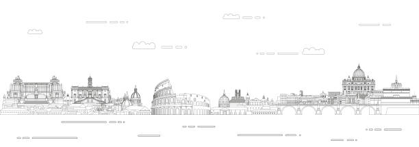 ilustrações, clipart, desenhos animados e ícones de ilustração do vetor do estilo da arte da linha do cityscape de roma. poster detalhado da skyline - rome vatican italy city