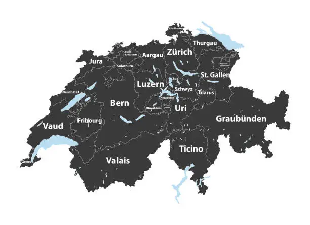 Vector illustration of Swiss cantons detailed vector map