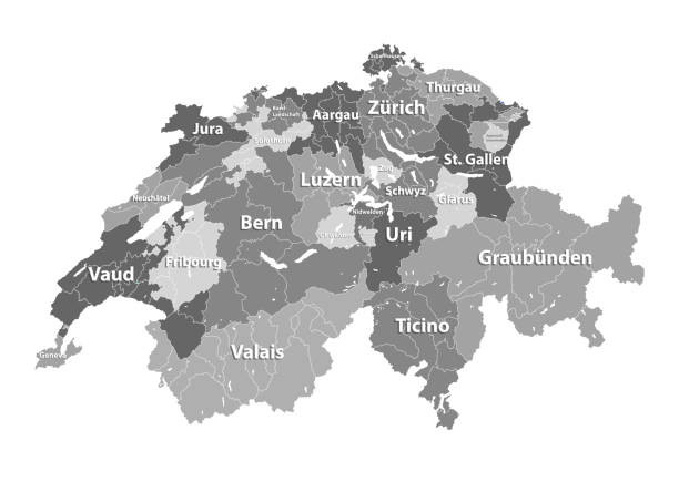 карта векторов швейцарии, окрашенная кантонами с границами районов - thurgau stock illustrations