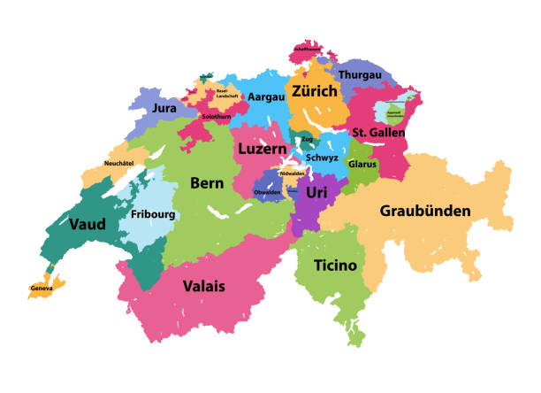 mapa wektorowa szwajcarii barwiona przez kantony - thurgau stock illustrations