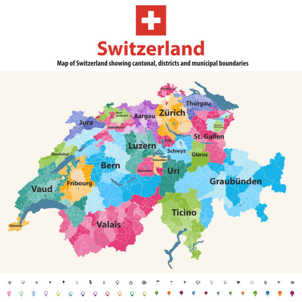 州警察、地区、市区町村の境界を示すスイスのベクターマップ。カントンによって着色されたマップとディストルトによって各州内。スイスの国旗。ナビゲーションアイコンとロケーション� - jura canton点のイラスト素材／クリップアート素材／マンガ素材／アイコン素材
