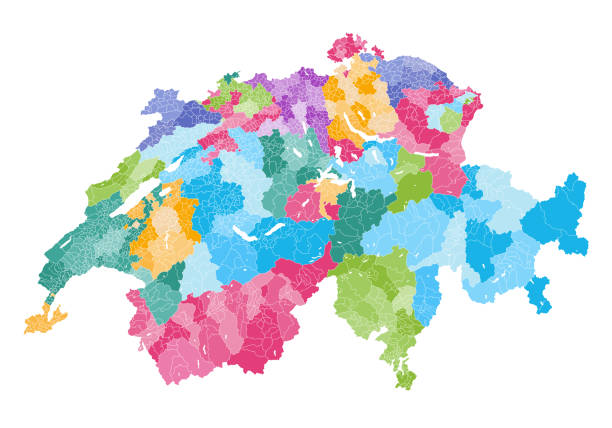 주, 지구 및 지방 자치 단체 경계를 보여주는 스위스 벡터 맵입니다. - 졸로투른 주 stock illustrations
