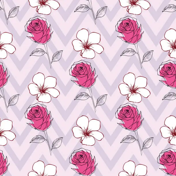 Vector illustration of Vinca flowers and roses seamless floral pattern on chevron background