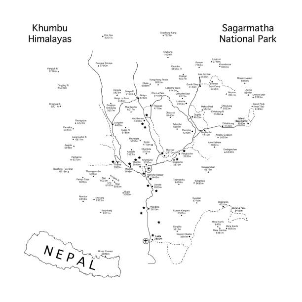 관광객을위한 에베레스트 베이스 캠프에 경로의 트레킹지도 - kala pattar stock illustrations
