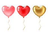 Heart balloon. Cute gold, pink and red heart shaped balloons decor, valentines day design element for romantic greeting card 3d vector set