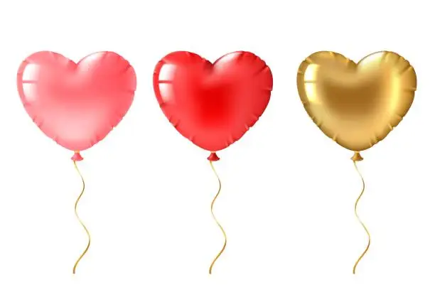 Vector illustration of Heart balloon. Cute gold, pink and red heart shaped balloons decor, valentines day design element for romantic greeting card 3d vector set