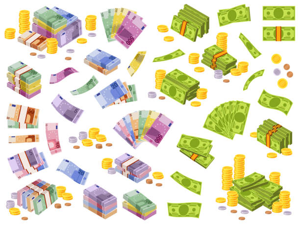 ilustrações de stock, clip art, desenhos animados e ícones de dollar and euro banknotes. isometric cash money, various currencies dollars and euros bundles and coins 3d financial awards vector set - símbolo do euro