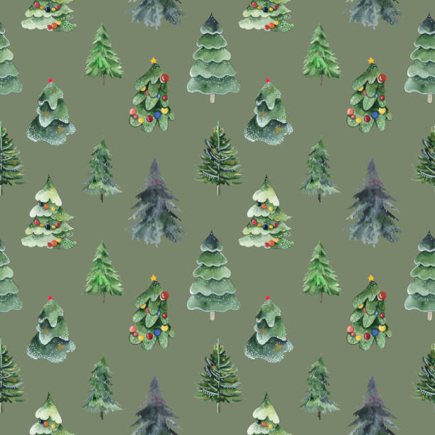 istock Seamless christmas background with cute christmas trees and falling snow 1196498779