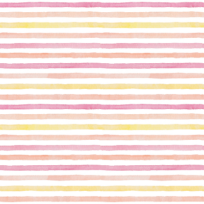 Watercolor hand drawn seamless pattern with abstract stripes nude warm peach  palette isolated on white background. Summer sunny design in pink yellow, orange colors for wallpaper, fabric, wrapping, background etc.