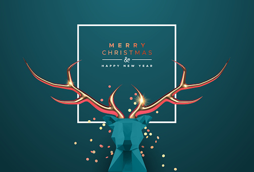 Merry Christmas Happy New Year greeting card, 3d low poly reindeer head with luxury gold copper antler. Realistic origami deer for elegant party invitation or seasons greetings.