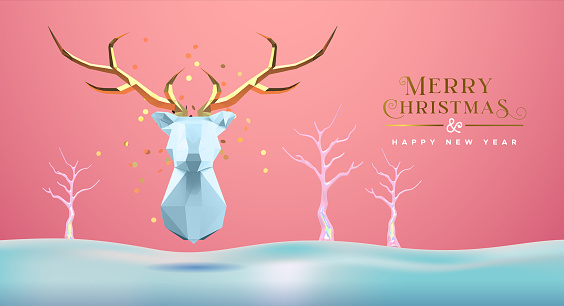 Merry Christmas Happy New Year greeting card, low poly 3d reindeer head with gold antler on delicate winter snow landscape. Paper craft origami deer design for seasons greetings.