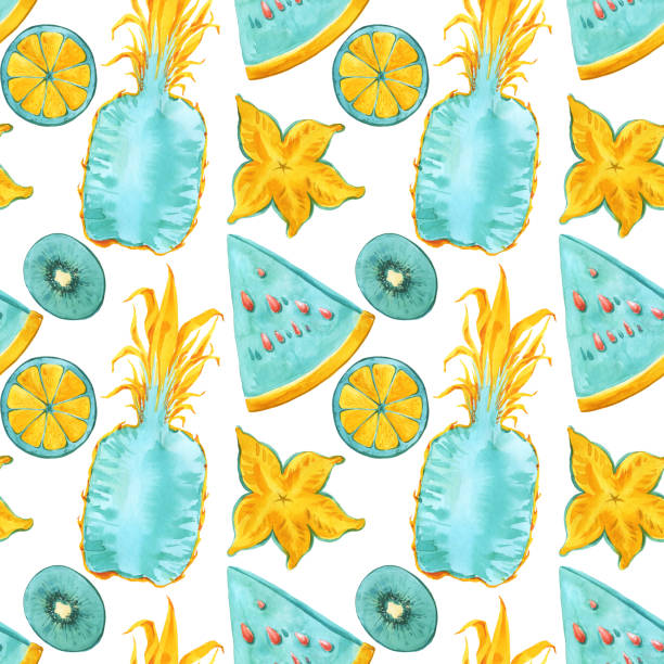 Tropical fruits Seamless Pattern. Trendy Summer Color Exotic fruits set. Bright colorfull neon abstract background. Ananas, kiwi, mangosteen, carambola, starfruit Blue Mint Yellow print fabric textile Tropical fruits Seamless Pattern. Trendy Summer Color Exotic fruits set. Bright colorfull neon abstract background. Ananas, kiwi, mangosteen, carambola, starfruit Blue Mint Yellow print fabric textile ananas stock illustrations