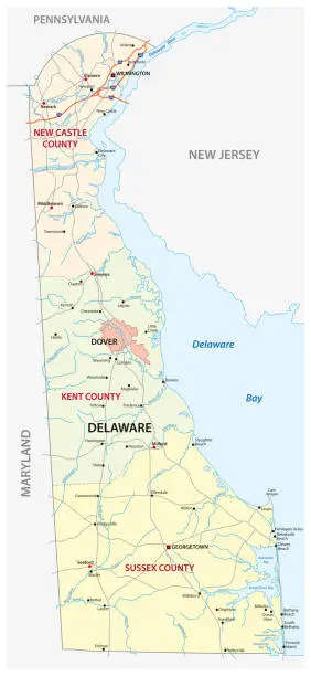 Vector illustration of road and administrative map of the US American State of Delaware