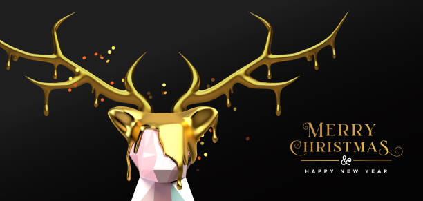 weihnachten neujahr 3d geschmolzengold low poly hirsch - metallböcke stock-grafiken, -clipart, -cartoons und -symbole