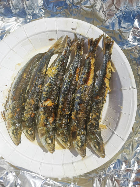 Grilled fries and sardines on a disposable plastic white plate, snack on the beach