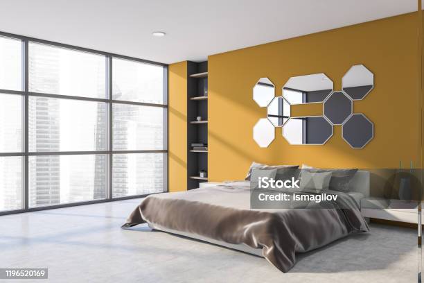 Yellow Master Bedroom Corner With Mirrors Stock Photo - Download Image Now - Adult, Adults Only, Business