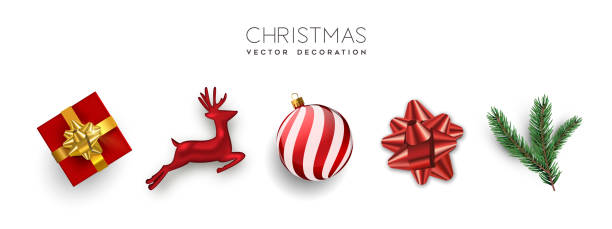 Red christmas set 3d holiday object isolated Set of isolated christmas decoration elements. Festive holiday 3D objects collection include pine tree, red gift box, deer toy, ornament bauble. ornamental grass white background stock illustrations