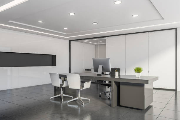istock White and gray CEO office with meeting room 1196520670