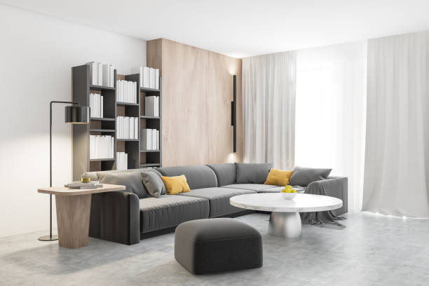 istock Living room corner with gray sofa and bookcase 1196521688