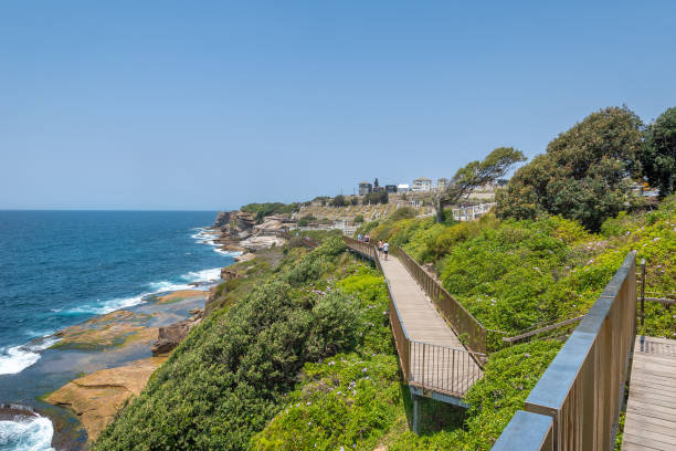 Sydney, Australia - December 28th, 2019: People walking to Waverley Cemetery along the Bondi to Coogee coastal walk. A cliff top coastal walk featuring stunning views, beaches, cliffs, and rock pools.