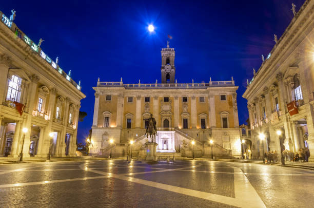 March 11, 2017 - Rome, Italy: Senator`s palace on Capitoline Hill and Marcus Aurelius equestrian statue on it