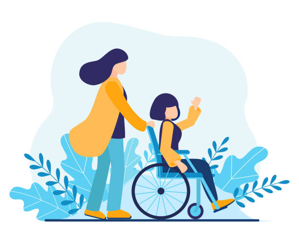 Volunteer helping disabled woman. Sister walking in park with girl disabled in wheelchair. Help disabled people, young social worker care about invalid. International Volunteer Day Vector illustration Volunteer helping disabled woman. Sister walking in park with girl disabled in wheelchair. Help disabled people, young social worker care about invalid. International Volunteer Day Vector walking aide stock illustrations