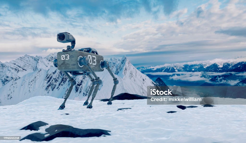 Robotic dog with security camera on search and rescue mission in the mountains Concept of near future when robot dogs are used to assist police forces on assignments. The robot dog in the image has a camera mounted on top of the body. The dog stands on top of a mountain, perhaps a search and rescue operation. Robot Stock Photo