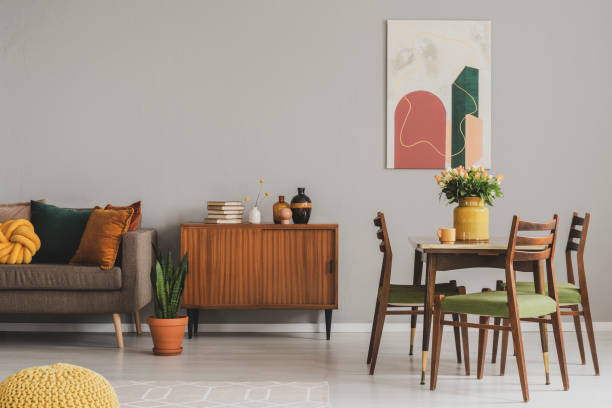 istock Vintage cupboard in grey elegant living room interior, copy space on empty wall 1196542833
