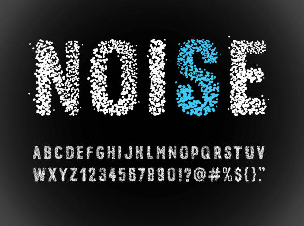 noise font alphabet white texture alphabet letters isolated on black background. flour mess stock illustrations