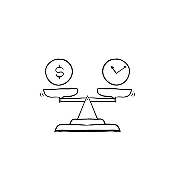 Time is money on scales icon. Money and time balance on scale. Weights with clock and money coin. Vector illustration in hand drawn doodle style isolated Time is money on scales icon. Money and time balance on scale. Weights with clock and money coin. Vector illustration in hand drawn doodle style isolated balance drawings stock illustrations