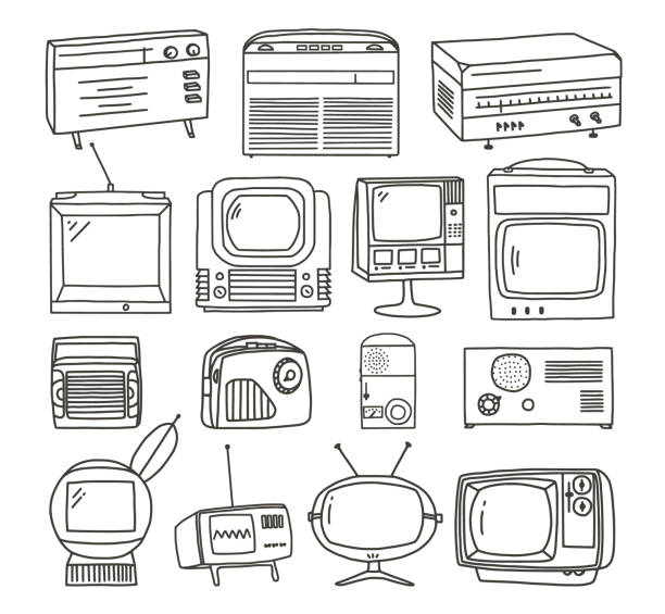 レトロテレビとラジオの落書きセット - radio television broadcasting television symbol点のイラスト素材／クリップアート素材／マンガ素材／アイコン素材