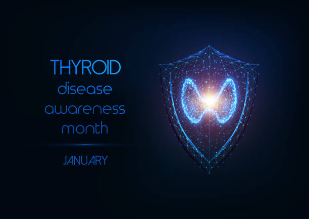 istock Thyroid disease awareness month banner with thyroid gland and protection shield on dark blue. 1196560461