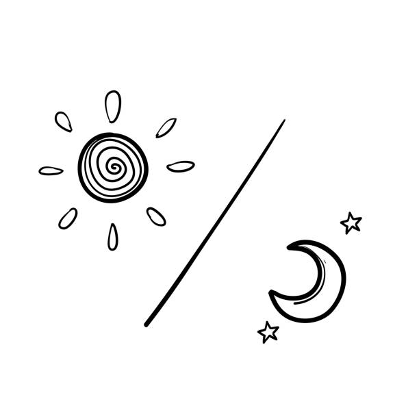 illustrazioni stock, clip art, cartoni animati e icone di tendenza di sole e luna, giorno e notte, icona vettoriale chiaro e scuro firmano lo stile doodle disegnato a mano isolato su sfondo bianco. - equipment group of objects space moon