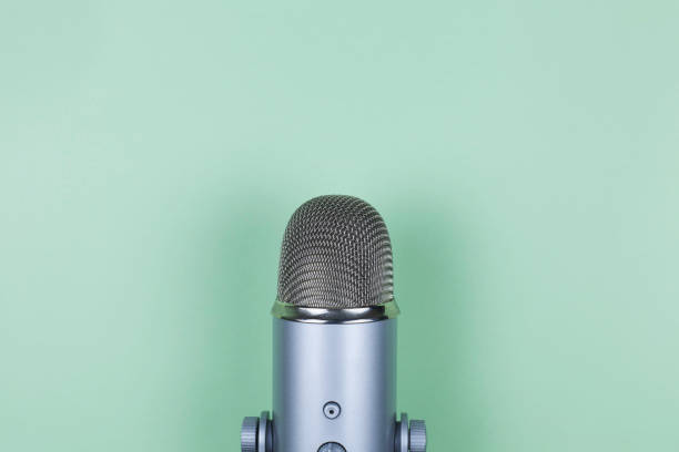 istock Closeup of professional microphone on mint background. Podcast studio concept. Electronic mic 1196562131