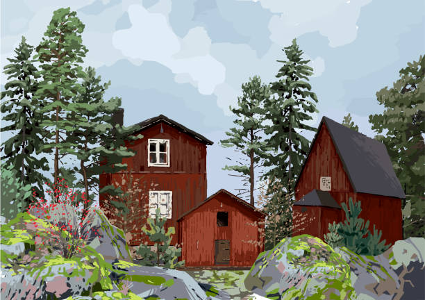 bildbanksillustrationer, clip art samt tecknat material och ikoner med grupp av traditionella, röda, skandinaviska hus på klipporna omgivna av barrträd och buskar - skog sverige