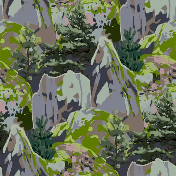 Vector illustration of Huge rock, covered with moss, surrounded by coniferous trees