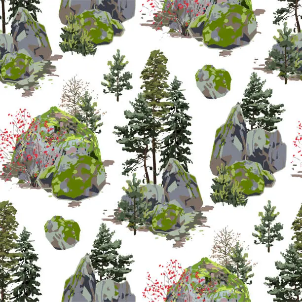 Vector illustration of Huge rock, covered with moss, surrounded by coniferous trees and berry bushes