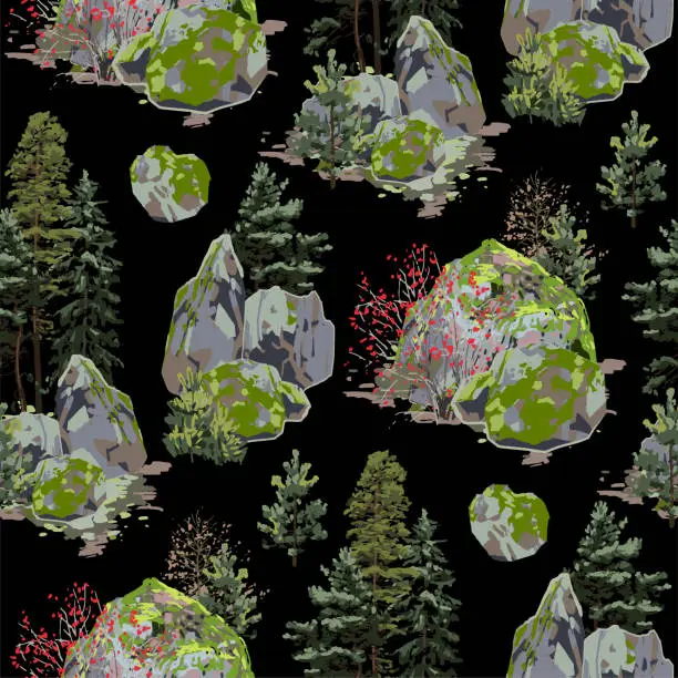 Vector illustration of Huge rock, covered with moss, surrounded by coniferous trees and berry bushes