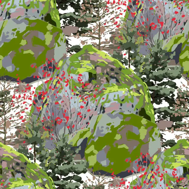 Vector illustration of Huge rock, covered with moss, surrounded by coniferous trees and berry bushes