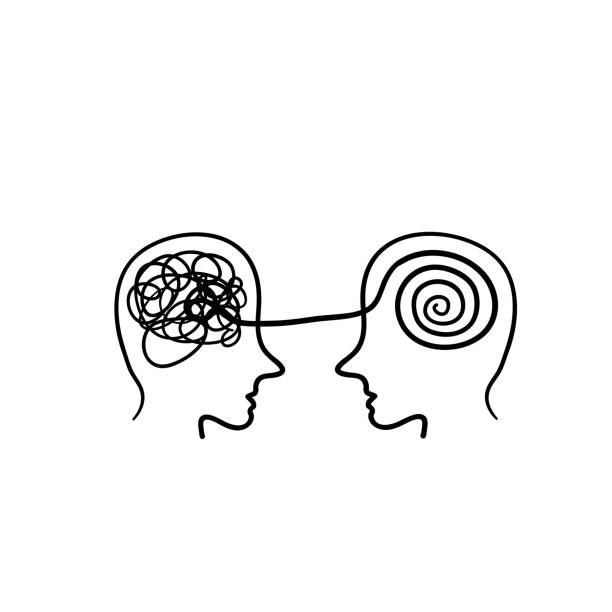 ilustrações de stock, clip art, desenhos animados e ícones de doodle sign of from chaos to order. two faces, one with tangled knot in head, second have ordered mind. concept of psychotherapy, mental problem solving, organized and disorganized brain, disorder. - dislexia ilustrações