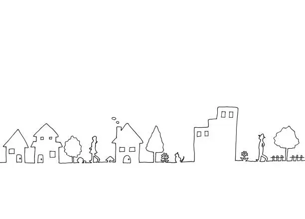 Vector illustration of Line drawing of town town landscape