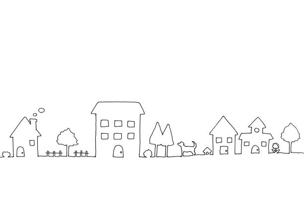 Line drawing of town landscape hand draw residential district illustrations stock illustrations