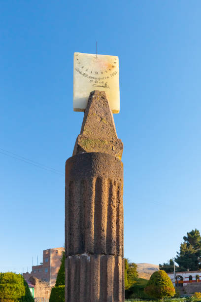 Chucuito Peru August 20 ancient solar sundial used in the past like a public watch and still working. Shoot on August 20, 2019