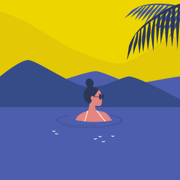 Young female character swimming in the sea, holidays in a tropical climate, lifestyle Young female character swimming in the sea, holidays in a tropical climate, lifestyle wave water silhouettes stock illustrations