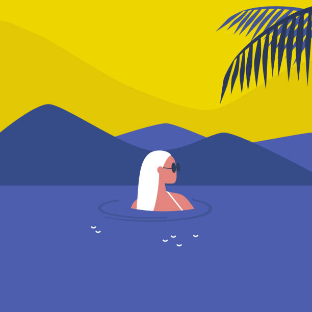 illustrations, cliparts, dessins animés et icônes de jeune caractère féminin nageant dans la mer, vacances dans un climat tropical, mode de vie - sea zen like landscape water