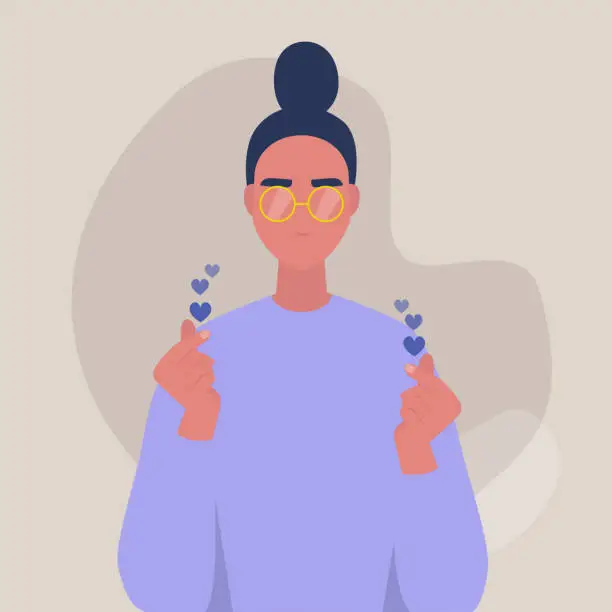 Vector illustration of Young female character showing a finger heart sign, saint valentines day, symbols of love and friendship