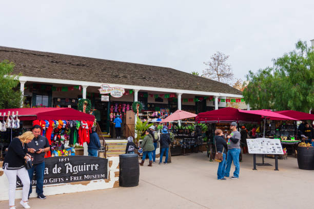 San Diego, CA USA - December 29, 2019: Old Town San Diego is a tourist area with restaurants, shops, and gardens. Market with items for tourists to buy and food to eat.