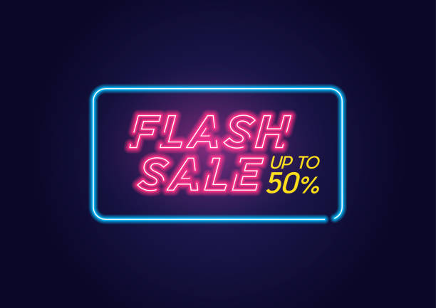 illustrazioni stock, clip art, cartoni animati e icone di tendenza di vendita flash neon glow rosa con un banner di offerta fino al 50%. - buying label sign sale