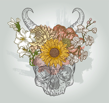Line artwork of a detailed, horned skull, topped with various flowers.